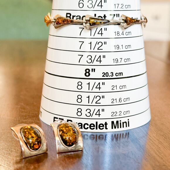 Vintage Baltic Amber Sterling Silver Semi Hoop Post Earrings and Bracelet Set - Picture 5 of 13